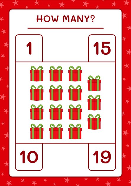 How many gift box, game for children. Vector illustration, printable worksheet