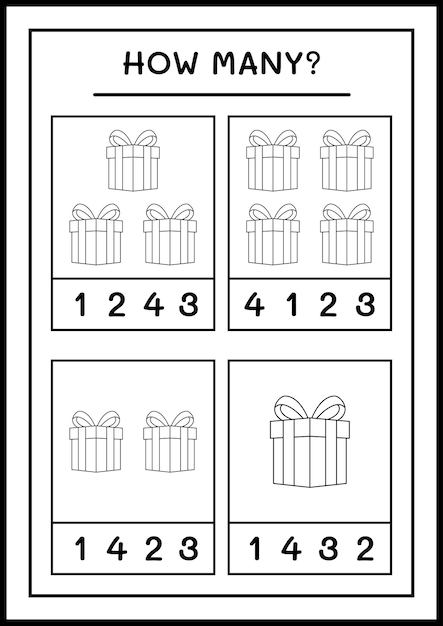 How many gift box, game for children. Vector illustration, printable worksheet