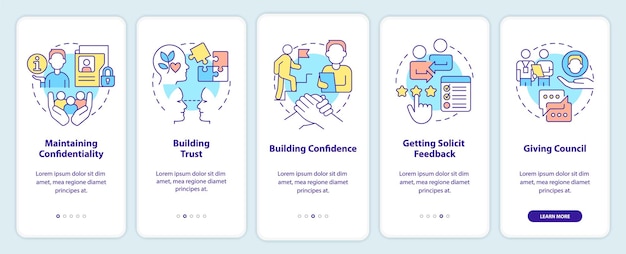 HR:n kommunikaatiotaidot mobiilisovelluksen aloitusnäyttöön Liiketoiminta läpi 5 vaiheen graafiset ohjeet sivut lineaarisilla konsepteilla UI UX GUI -malli Käytetyt Myriad ProBold Regular -fontit