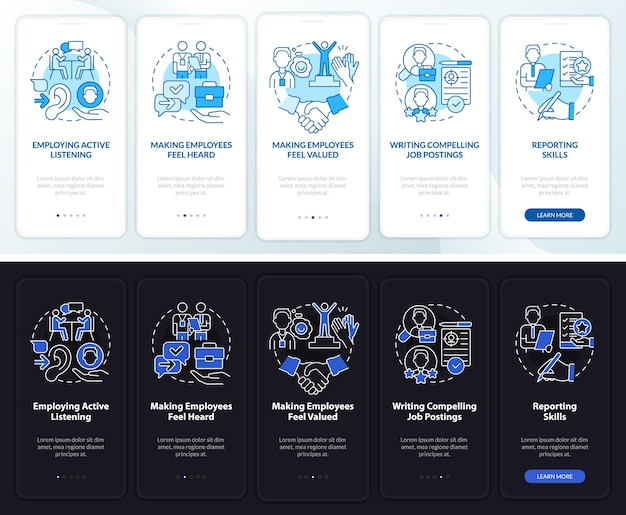 HR professional skills night and day mode onboarding mobile app screen