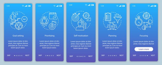 HR skills onboarding mobile app page screen vector template. Employee qualities walkthrough website steps with linear illustrations. Goal setting, planning. UX, UI, GUI smartphone interface concept