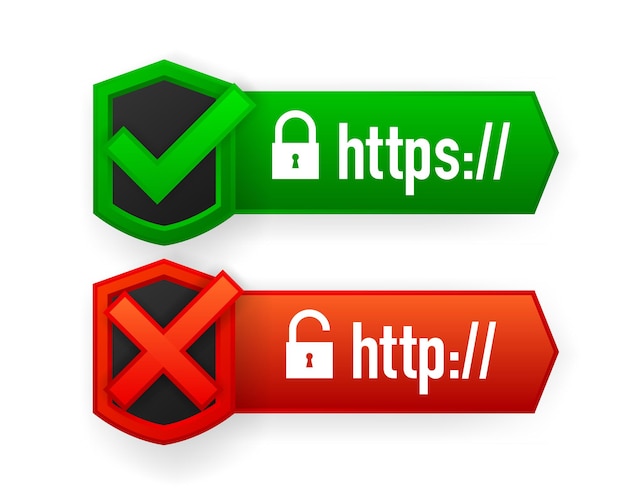 HTTP and HTTPS protocols, safe web surfing and data encryption. Browser Address Showing Secure and Insecure Web Addresses. Vector illustration.