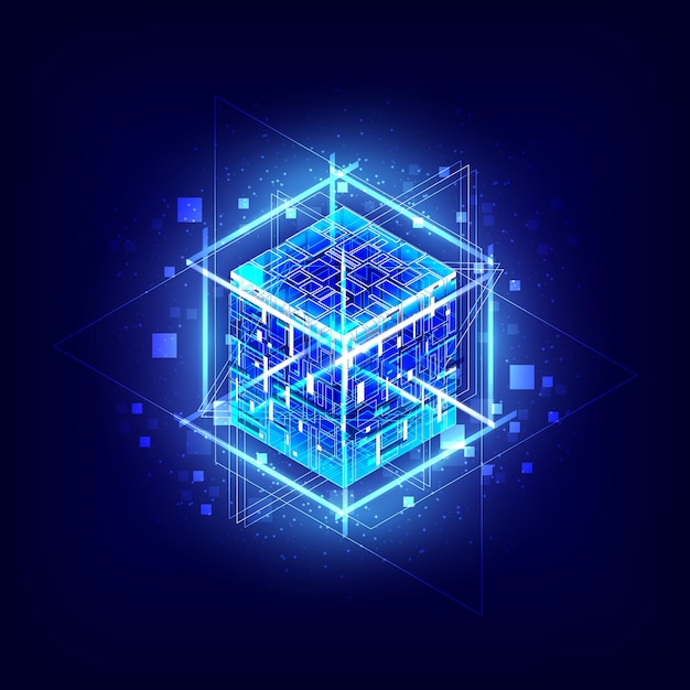 HUD energy box Smart code Big data Digital chip Glare grid lines Glow 3D cubes CPU core Abstract technology background Futuristic isometric hitech Computer engineer Blockchain network