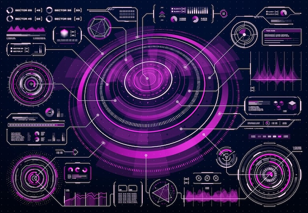 HUD futuristic purple user screen interface, infographics big data info charts or circular vector diagram. Artificial intelligence computer program interface, business information visualization