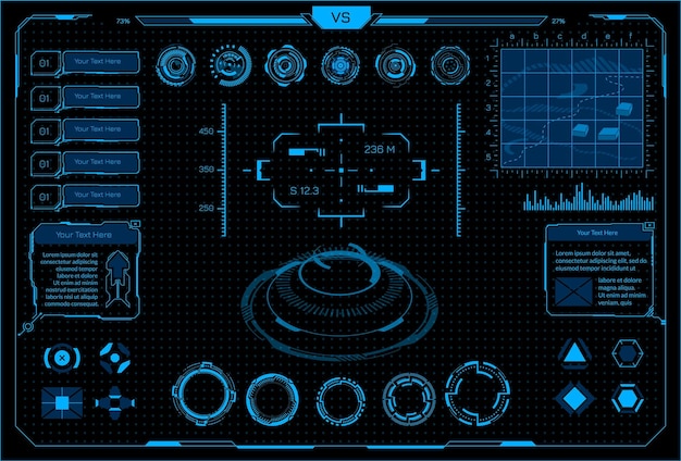 HUD interface Cyberpunk virtual car and VR game interface with futuristic digital screen elements Abstract visualization menu navigation panels vector virtual reality dashboard template