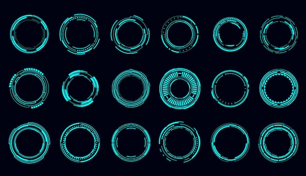 HUD round frames and borders, aim control and digital interface, vector. HUD technology and future tech game, target borders and hologram frames, user data UI display buttons and radars