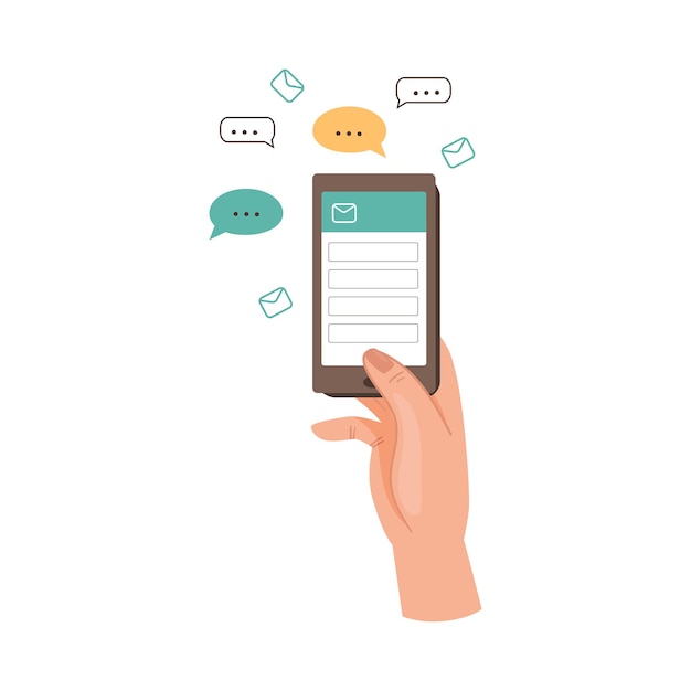 human hand with smartphone sending email and text messaging in the internet vector illustration