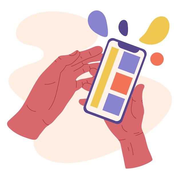 Human hands holding smartphone Mobile gadget in hands hand tapping phone screen flat cartoon vector illustration on white background