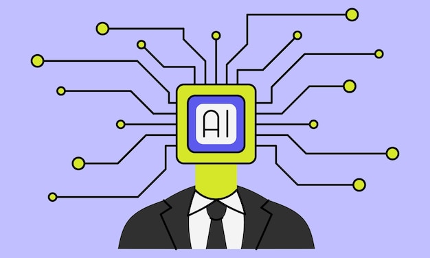 Human with AI chip head flat vector illustration Artificial intelligence microcircuit lines Man and robot icon