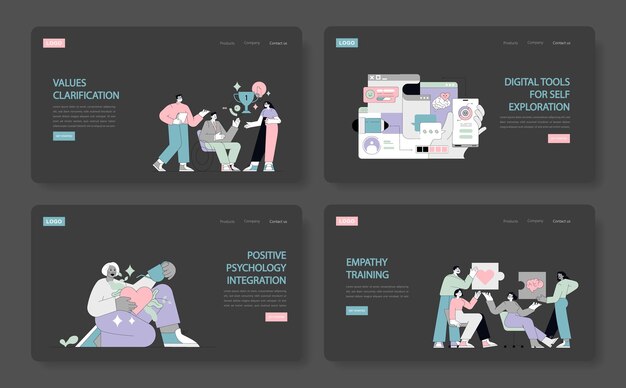 Humanistic psychology set four illustrations depicting modern therapeutic concepts and practices