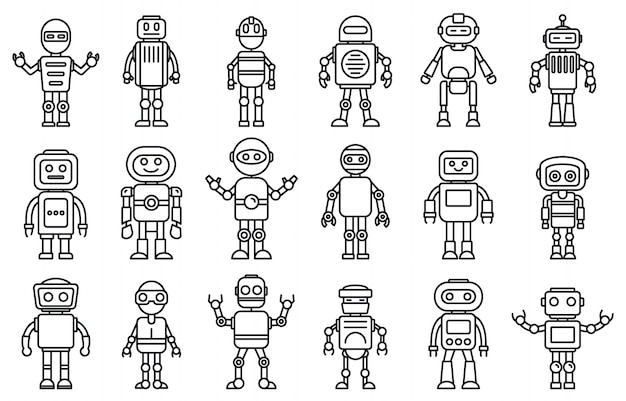 humanoid robot icons set, outline style