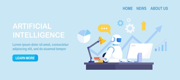 Humanoid robot working at computer in office workspace Artificial intelligence AI Automation business process Work organization Project management software development Automated business system