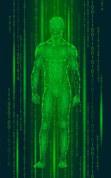 Humanoidi android mies seisoo kyberavaruuden binäärikoodissa, Robotti tekoäly