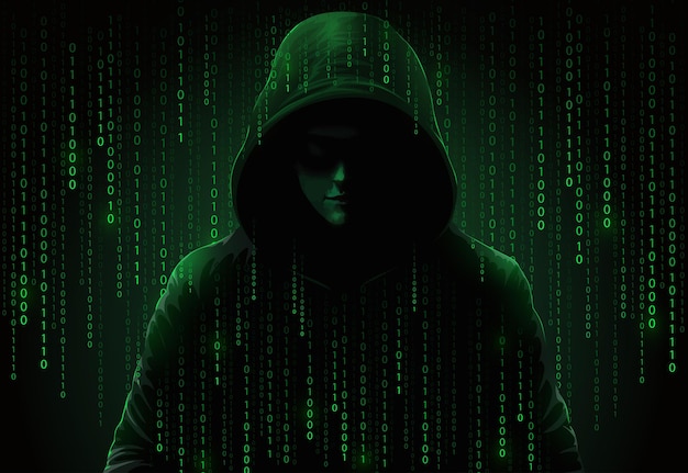 Huppupäinen tietokonehakkeri varjostaa tummia kasvoja. Tietovarkaus, internetpetos, darknet ja kyberturvallisuuden konsepti. Hakkeri näytön taustalla binäärikoodilla