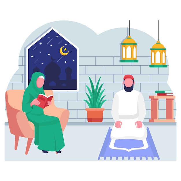 Husband wife Busy Late night Worship concept Ramadan Nights Prayer Peace and the Quran vector des