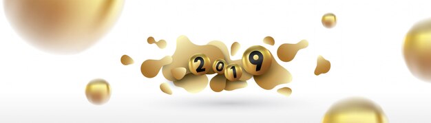 Hyvää uutta vuotta 2019 nestemäisillä dynaamisilla fluidipalloilla ja joulupalloilla