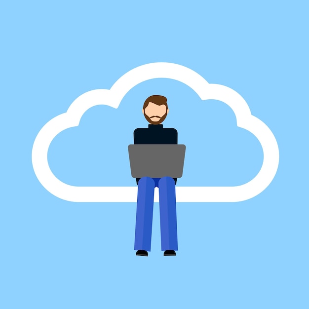Icon of remote work communication global cloud access Woman worker distant teamwork Vector illustration