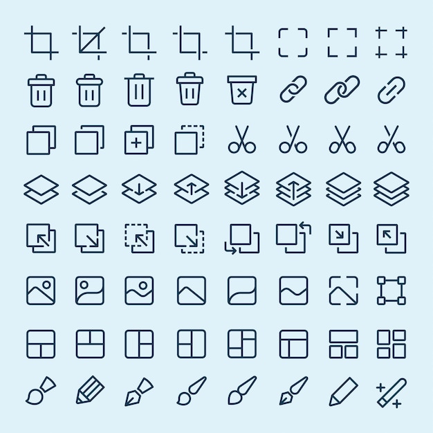 Icon set featuring tools like crop delete link and layers Includes scissors image tools and design elements Perfect for design and editing projects User interface icons UI icon vector set