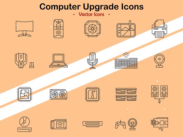 Icons illustrating computer upgrades and technology themes in vector style