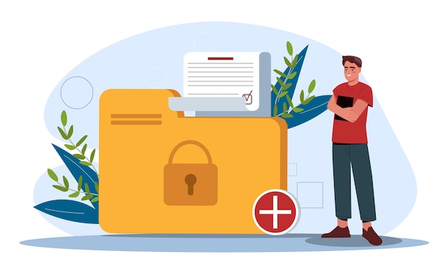 illustrated man standing next to a large folder with a padlock signifying data security on a light