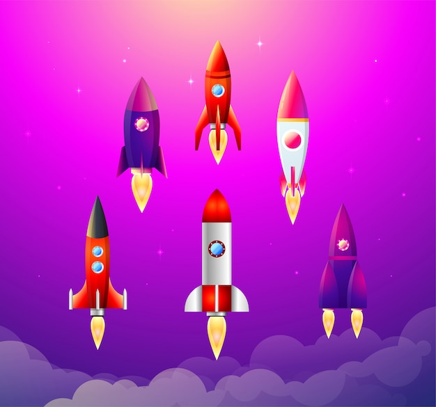 illustration. 6 flat icons with varicolored rocket ships. Project start up and development process