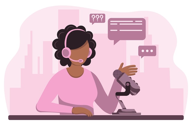 illustration a girl in headphones with a microphone a radio host a telecom operator