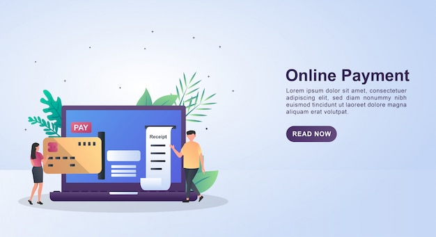 Illustration concept of Online payment with people entering credit cards.