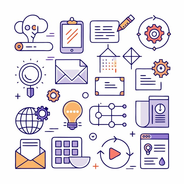 Illustration of 17 line icons depicting various business and process concepts