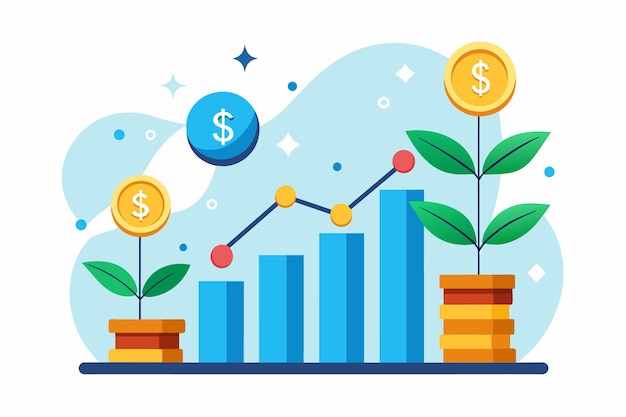 Illustration of a business growth chart with coins as plants representing increased revenue and profits
