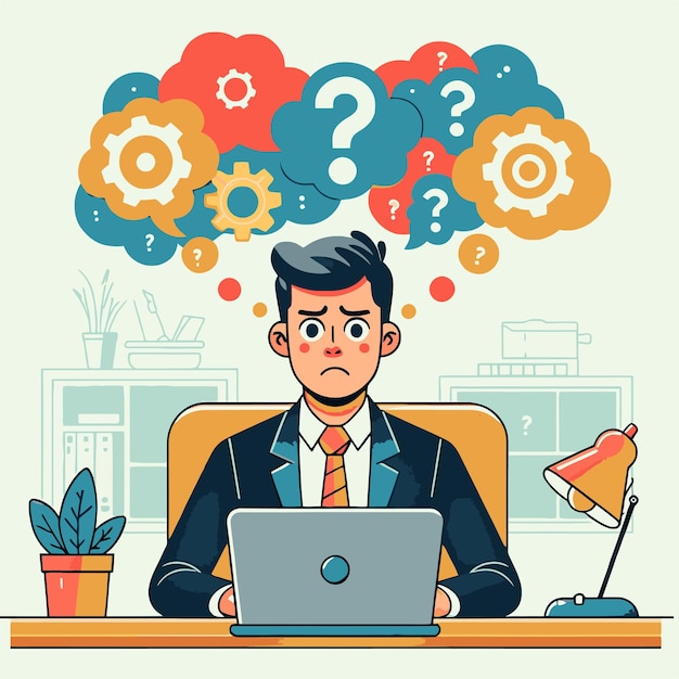 illustration of a businessman overthinking while working on laptop