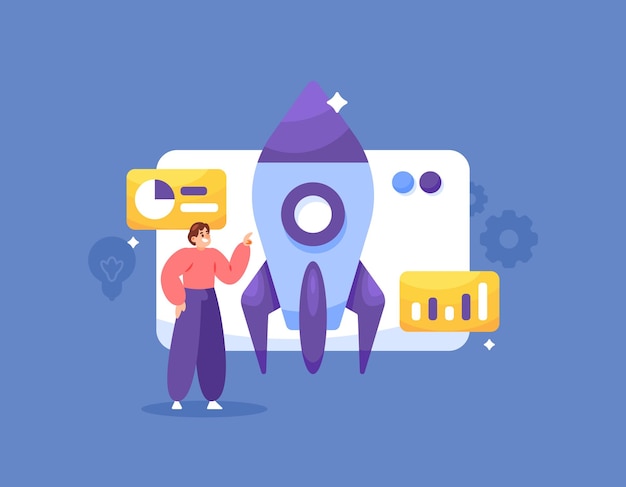 illustration of a man preparing a rocket or a startup or project business concept