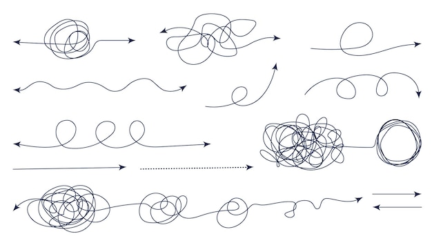 illustration of a set of lines, Tangled lines with arrows, solving chaos. Tangled lines turn into