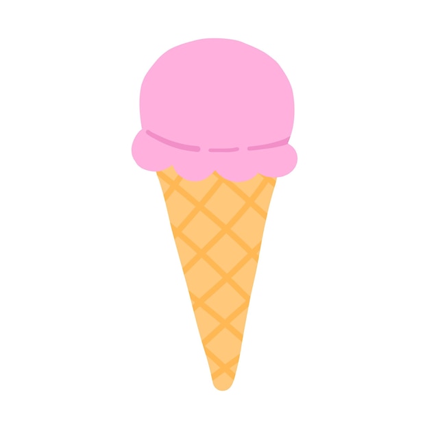 Illustration of a single pink ice cream scoop in a waffle cone the ice cream cone is simple with