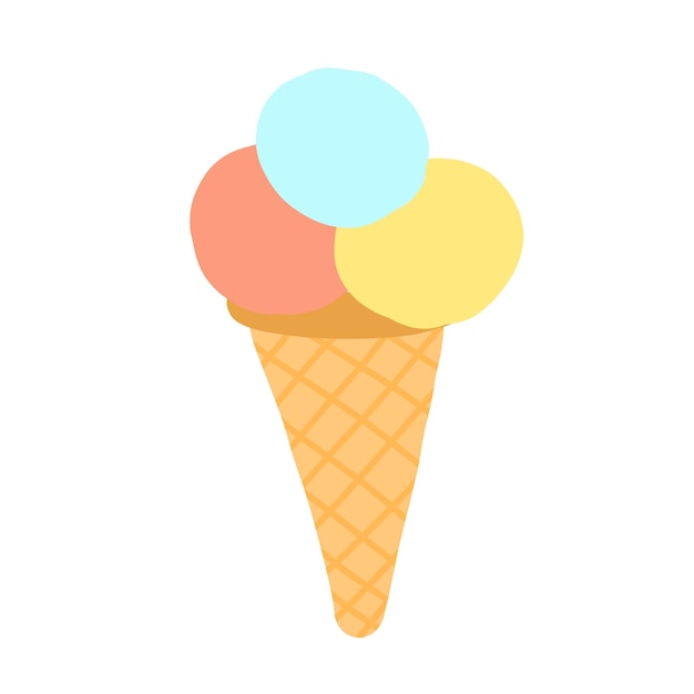 illustration of an ice cream cone with three scoops in pastel colors blue pink and yellow the cone