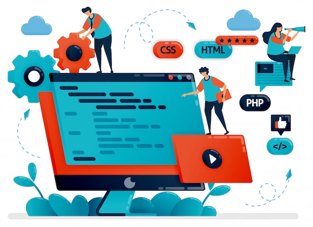  illustration of Designing program, web, apps on monitor screen or desktop. Teamwork in developing programming. Debugging development process