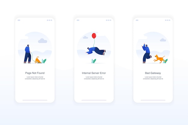 Illustration of error screens handling exceptions empty states page not found error 404 internal server error 500 bad gateway error 502 Modern flat design concept ui ux