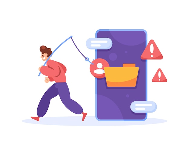 Illustration of hacker stealing user data on smartphone or concept of information theft