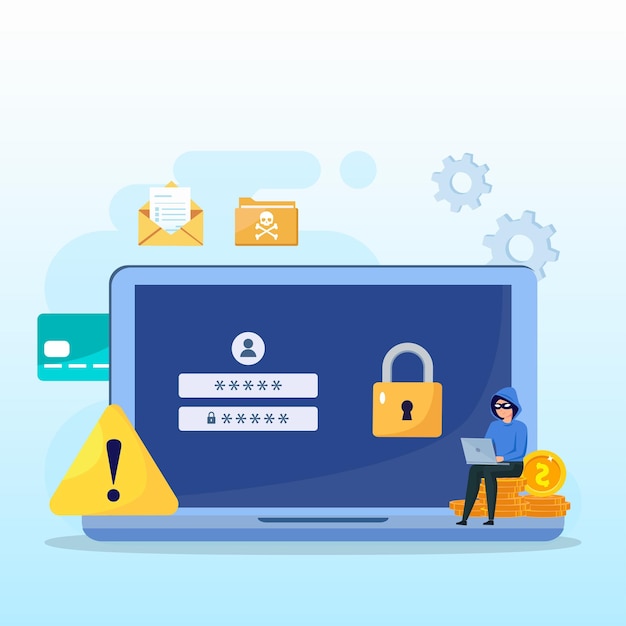 Illustration of laptop computer and cyber criminal looking for password