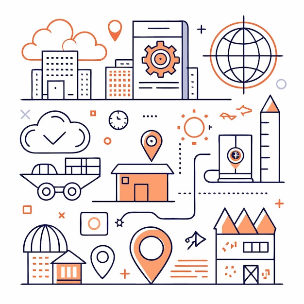 Illustration of logistics supply chain and global transportation with line art icons