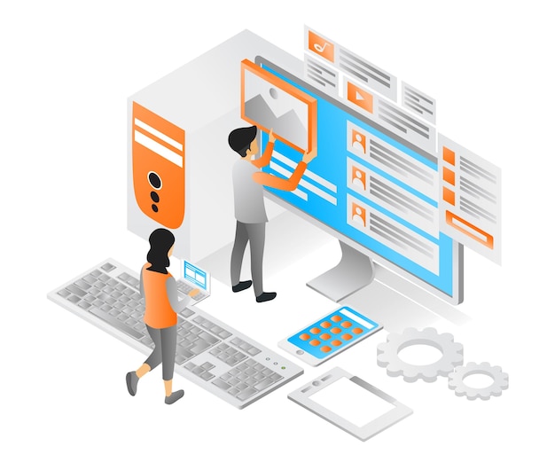 Illustration of modern isometric style about UI design and app computer
