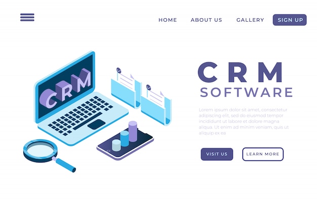 Illustration of system automation using a CRM application with the concept of isometric landing pages and web headers, CUSTOMER RELATIONSHIP MANAGEMENT
