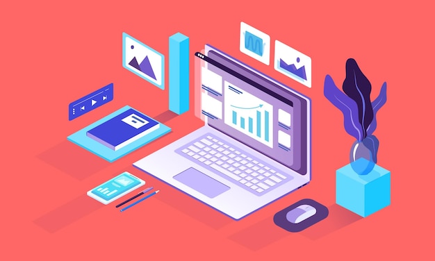Illustration of the colored isometric laptop with business or finance. Pictures, pop-up windows, smartphones, office paper, and chancellery objects.