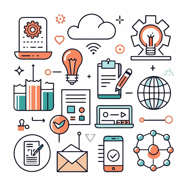 Illustration of various business icons such as a cloud a lightbulb a laptop a phone and a globe