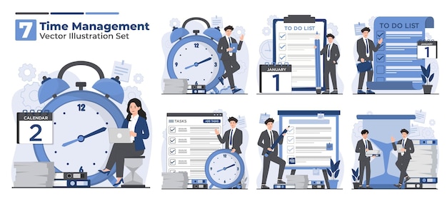 illustration set of time management concept featuring schedule planning calendar tasks reminders