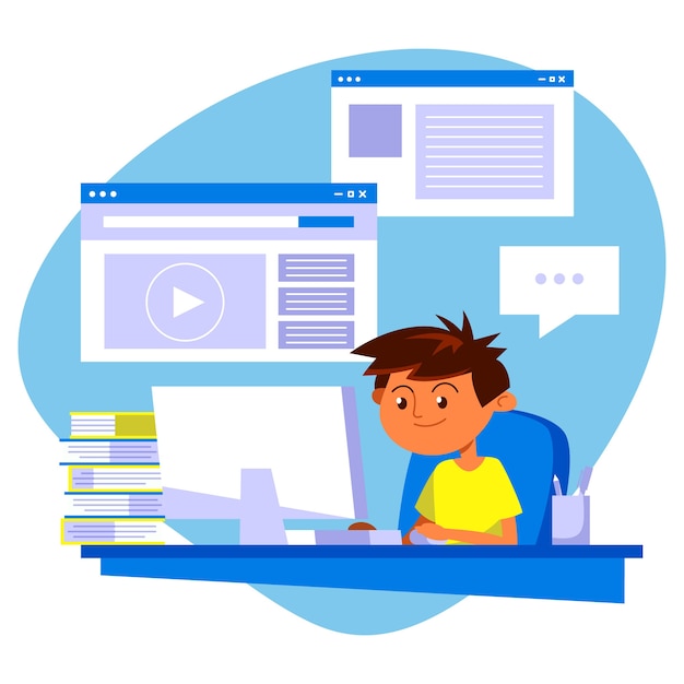Illustration with kids taking lessons online design