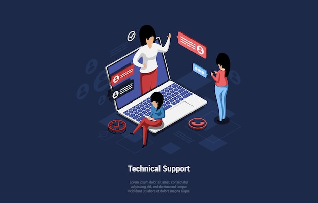   illustration with people communicating. technical support concept with writing on dark background. isometric cartoon women have remote videocall or chat with helper to solve problem.