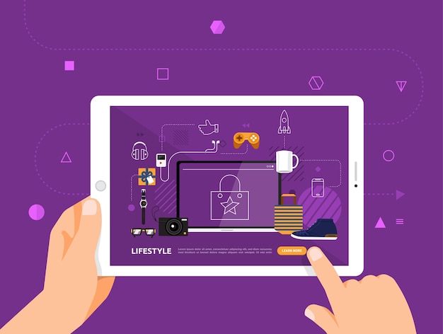 illustrations design concpt e-learning with hand click on tablet online course lifestyle
