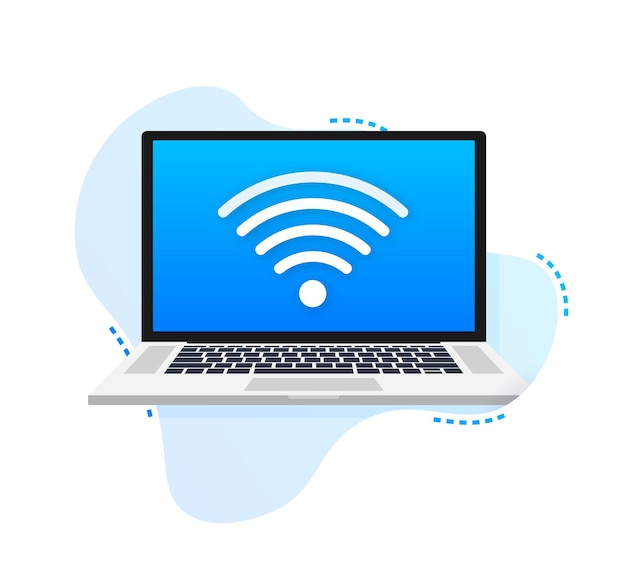 Ilmainen wifi -kyltti ja kannettava tietokone. Vektori-kuvitus.