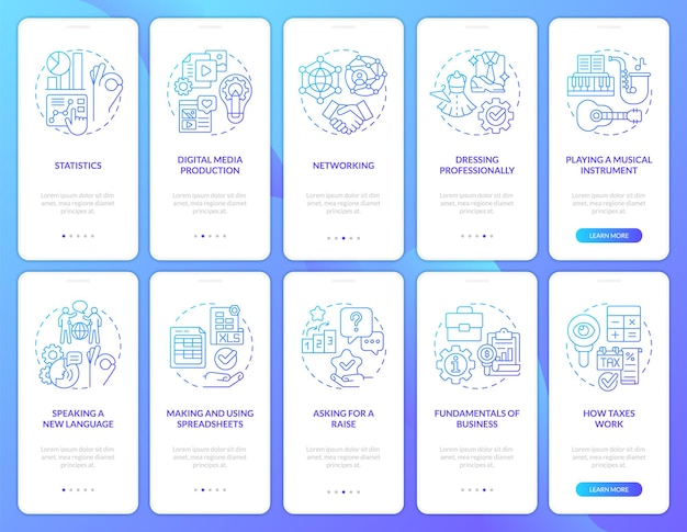 Important skills for life blue gradient onboarding mobile app screen set