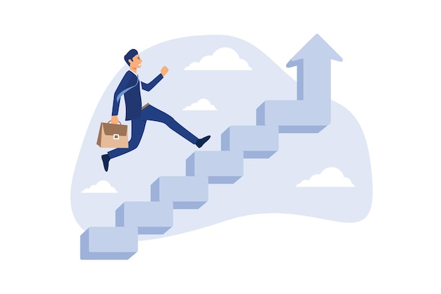 Improvement or career growth businessman step walking up stair of success with rising up arrow